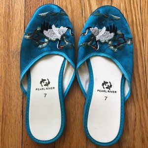 Pearl River Embroidered Blue Satin Slippers -- Women's size 7